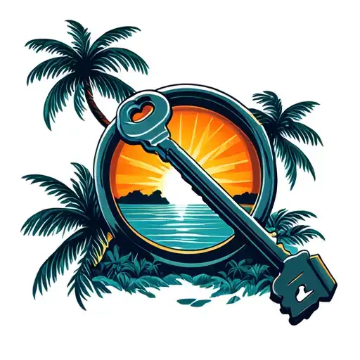 A Key Going Through The Number 8 With Palm Trees Behind It And The Sun In The Background As Well