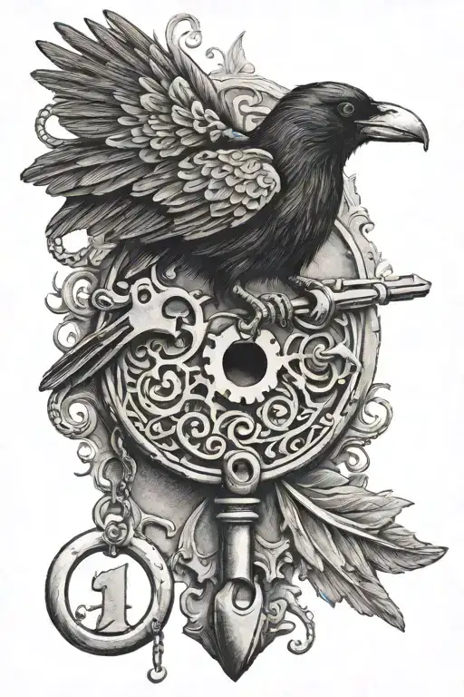 Old Fashioned Key With A Semicolon In It With A Raven