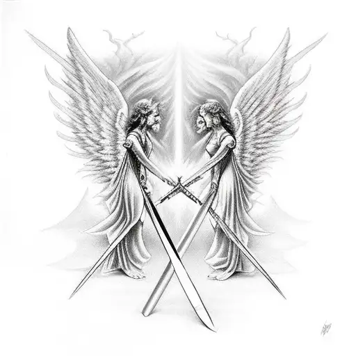 Angel And Devil Stick The Tip Of The Sword Into The Ground