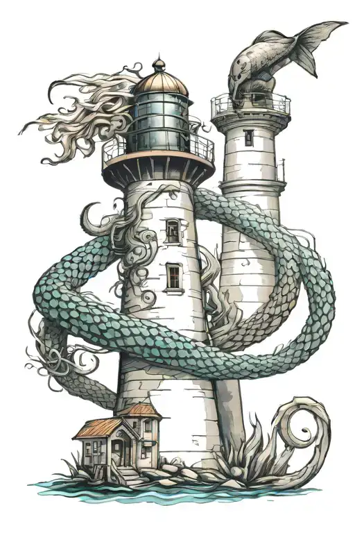 Lighthouse With Kraken Grabbing A Diver Underneath A Mermaid