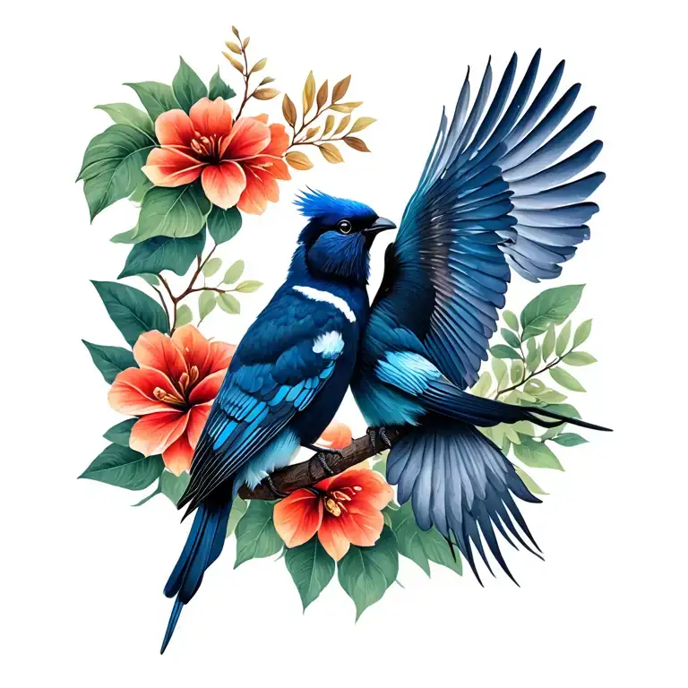 Tui And Fantail Birds Perched