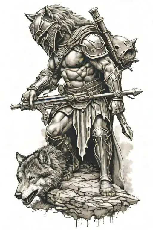 Spartan Soldier Kneeling Wolf Face