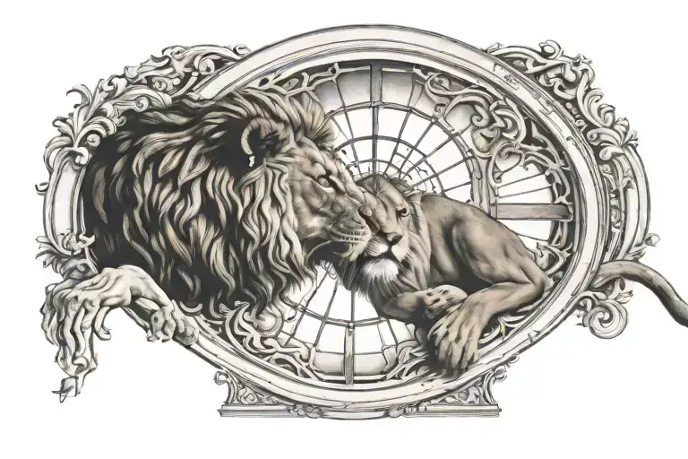 Michelangelo Creation Of Adam With Lion Head In The Middle Against Gothic Window Background