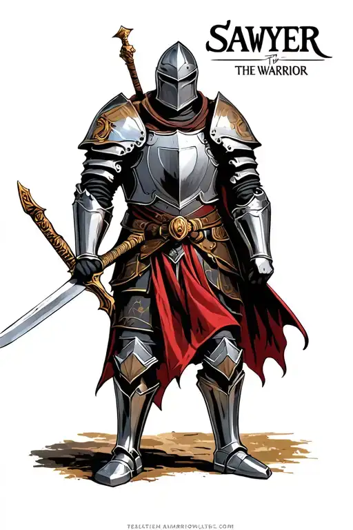 Knight In Armour Holding A Sword With Text Saying Sawyer The Warrior