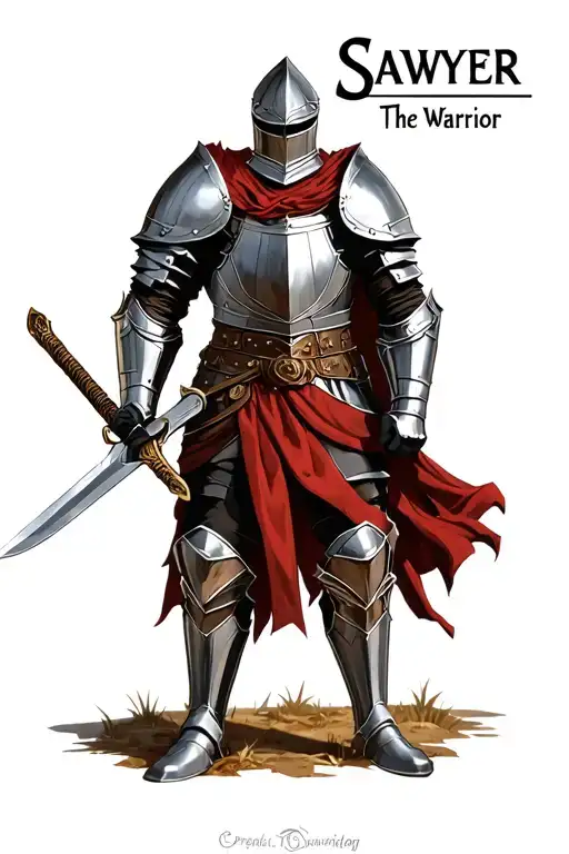 Chest Up Picture Of Knight In Armour Holding A Sword With Text Saying Sawyer The Warrior Overlapping