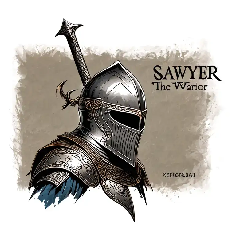 Knight Helmet In Armour With Sword And Text Throughout That Says Sawyer The Warrior