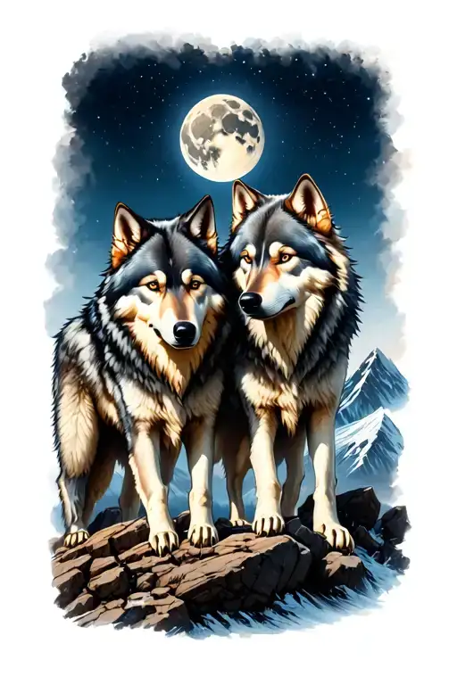 2 Wolf Brothers An Older One On Another In A Rocky Landscape Like A Mountain And A Full Moon Above