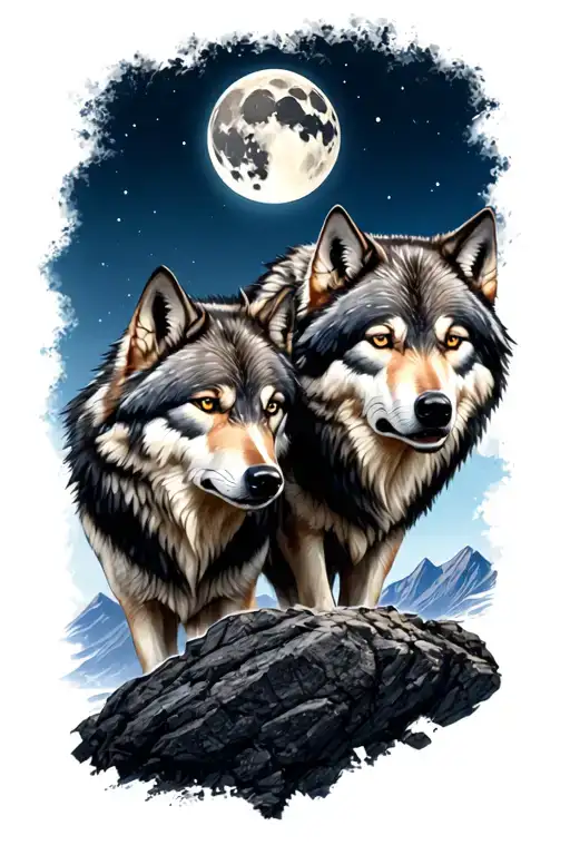 2 Wolf Brothers An Older One On Another In A Rocky Landscape Like A Mountain And A Full Moon Above