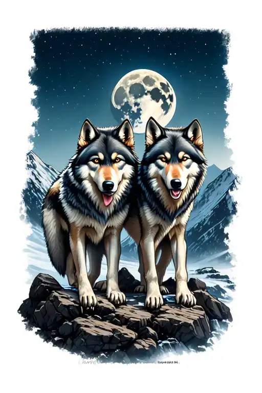 2 Wolf Brothers An Older One On Another In A Rocky Landscape Like A Mountain And A Full Moon Above