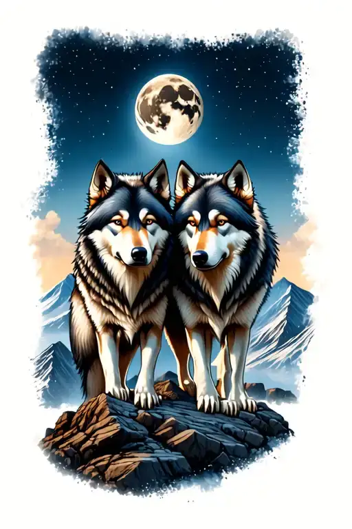 2 Wolf Brothers An Older One On Another In A Rocky Landscape Like A Mountain And A Full Moon Above