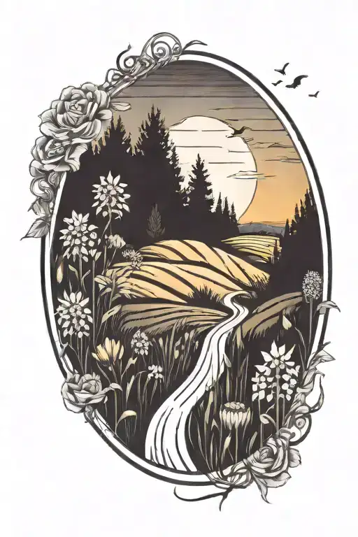 A Winding Road Leading Into A Sunset With A Field Of Flowers On The Side