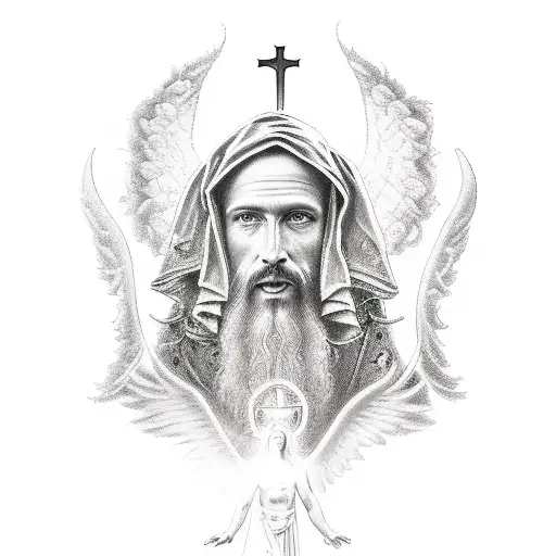 A Realistic Portrait Of A Religious Figure Surrounded By Angels And Demons