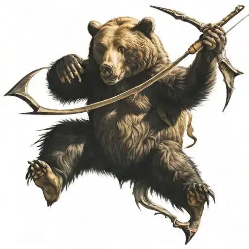 A Bow And Arrow Breaking With A Ferocious Bear