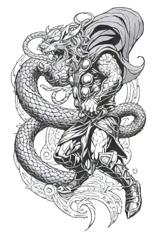 Thor Fighting World Serpent With Vivian's In The Background