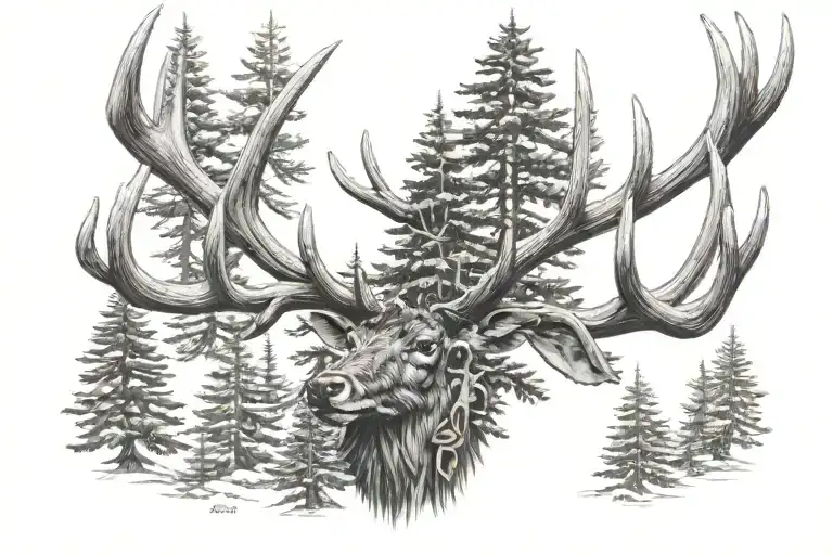 4 Point Antlers With Realism 3 Fir Trees Behind It