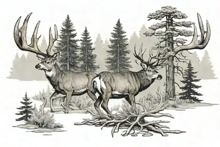4 Point Mule Deer Antlers With Realism 3 Fir Trees Behind It