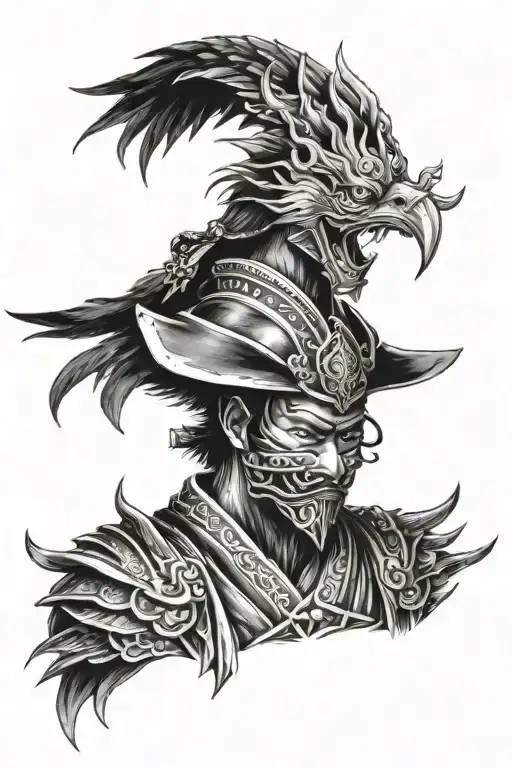 A Samurai In A Mask And A Phoenix In The Background