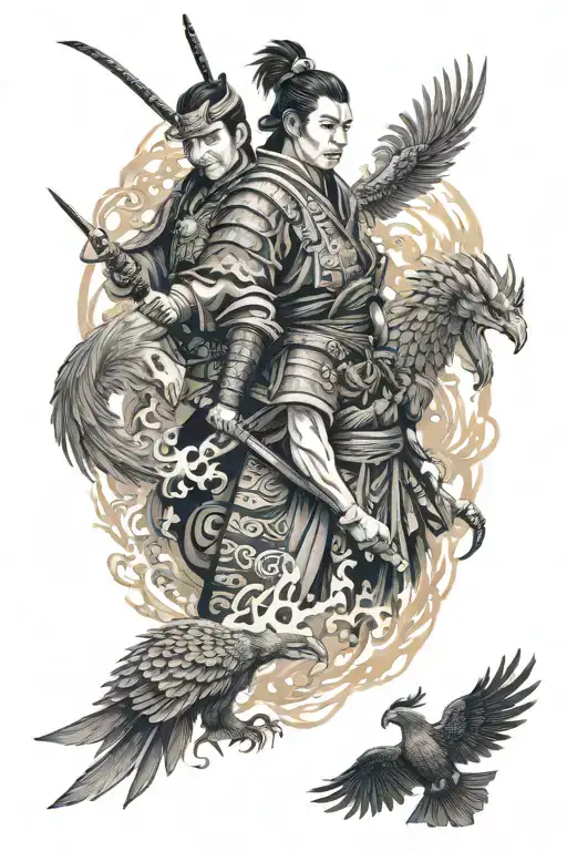 A Samurai And A Phoenix Around Him Looking At Them
