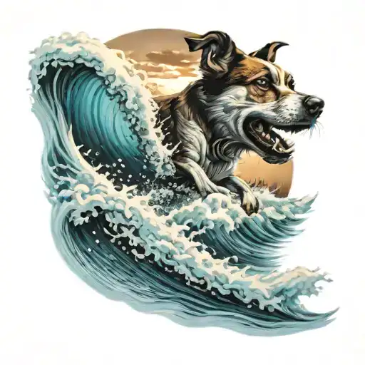 A Realism Tattoo Of A Beautiful Ocean Scene With Waves Crashing And A Dog Surfing