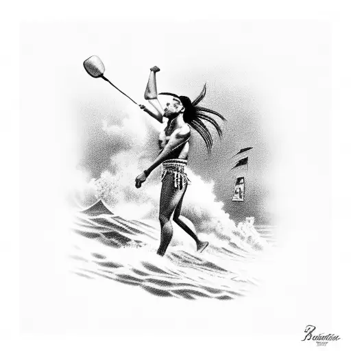 A Black And Grey Tattoo Of A Hawaiian Historical Event Taking Place On A Beautiful Beach