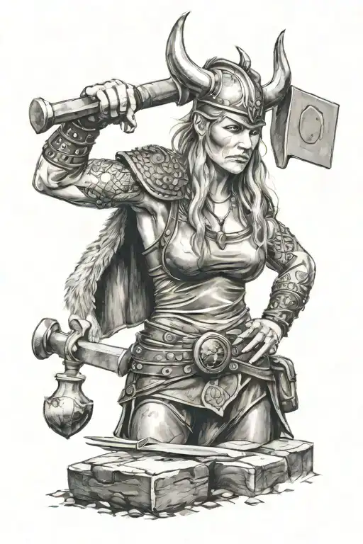 Viking Women Warrior Working As A Blacksmith Anvil