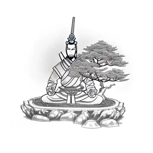 Sketch A Samurai Warrior Meditating Under A Bonsai Tree