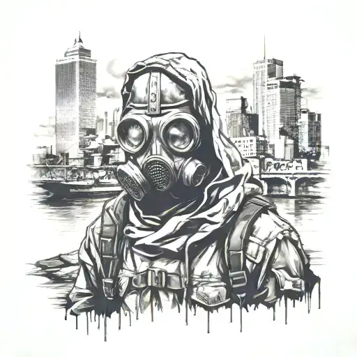 Post Apocalyptic Wanderer With Gas Mask And Hood With Background Of Big City