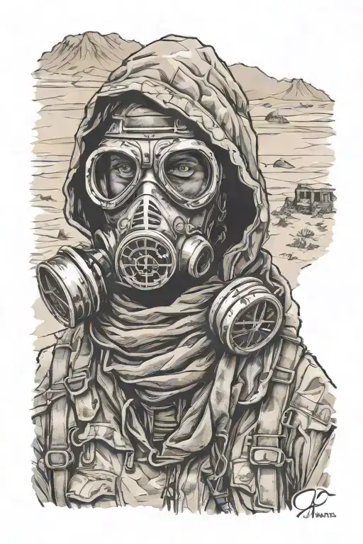 Post Apocalyptic Wanderer With Gas Mask And Hood And Scarf In Desert