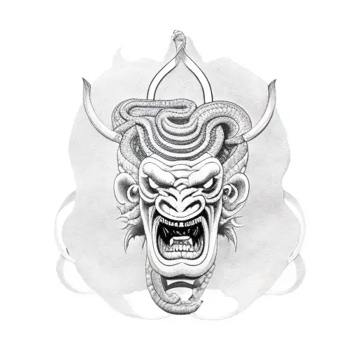 Oni Mask With Snake And Sword Behind It
