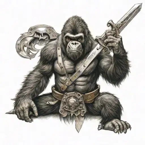Gorilla With Sunglasses And A Sword Wearing Armor Full Body