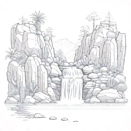 Huge Waterfall With Rocks And Cacti