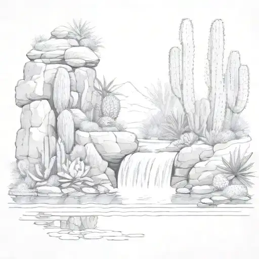 Huge Waterfall With Cacti And Pond Reflection