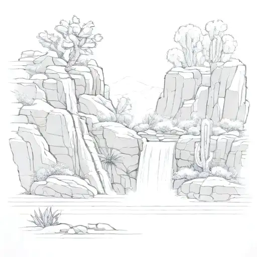 Large Cascading Leftward Waterfall With Cactus