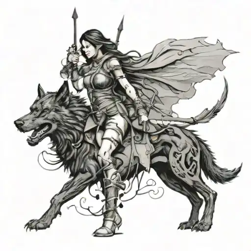 Female Warrior Walking With Her Black Wolf And Her Fantasy Dragon Flaying Above