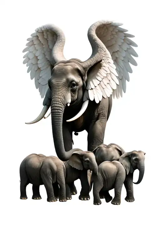 Realistic Elephants Mom And Four Babies One One Of The Babies With Angel Wings