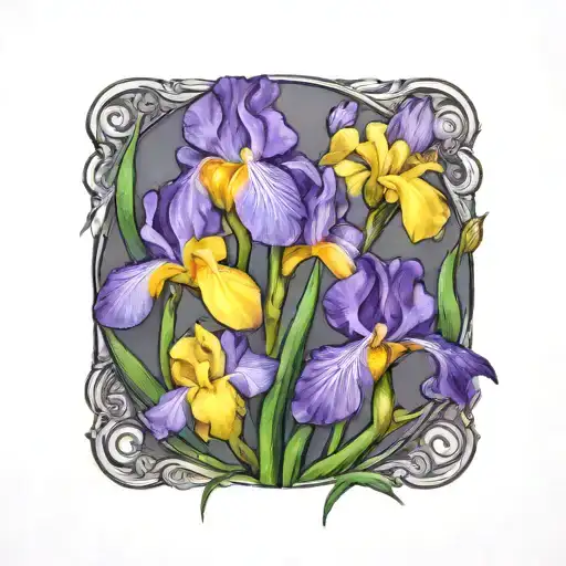 Purple Iris And Dandelion In A Circle