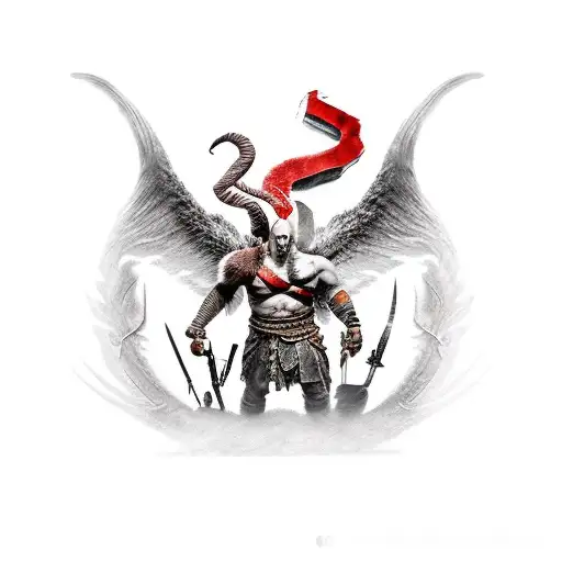 A God Of War-inspired Tattoo Featuring A Dog Companion In A Mythical Landscape