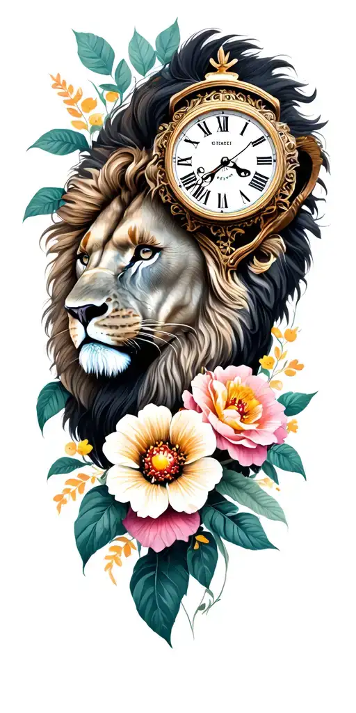 Flowers And Lion Head And Clock Face