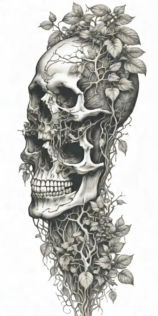 Single Skull At The Bottom With Trees And Vines Sprouting From The Top