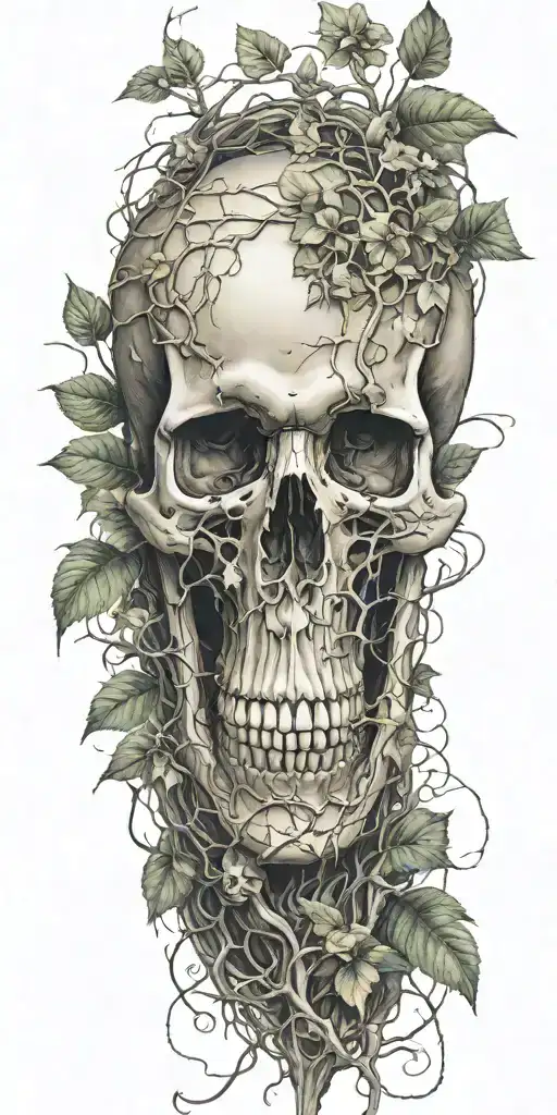 Single Skull At The Bottom With Trees And Vines Sprouting From The Top