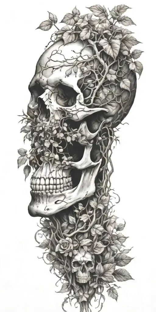 Single Skull At The Bottom With Trees And Vines Sprouting From The Top