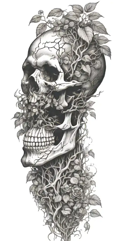 Single Skull At The Bottom With Trees And Vines Sprouting From The Top