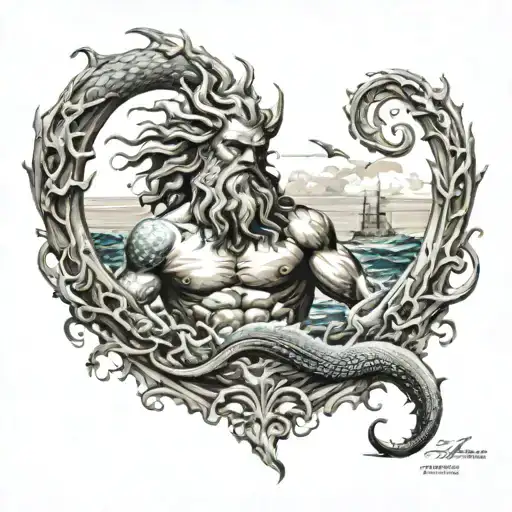 Poseidon And Kraken Into Ocean Scene