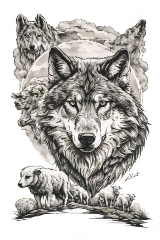 Aggressive Australian Wolf Dog Looking Over Sheep