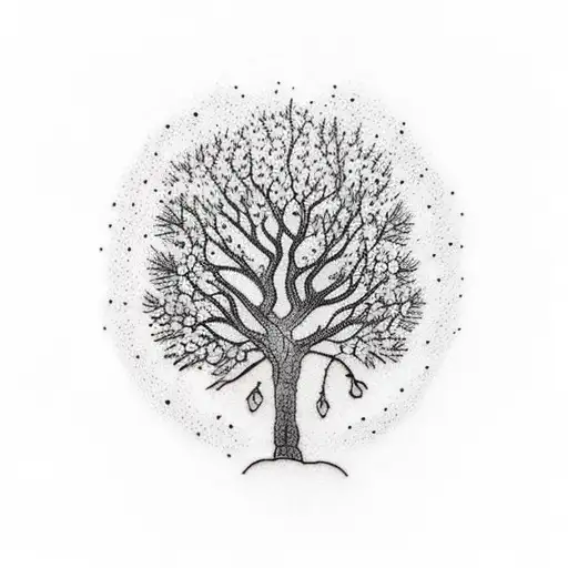 A Dotwork Tattoo Of A Majestic Tree With Constellations Representing Your Family
