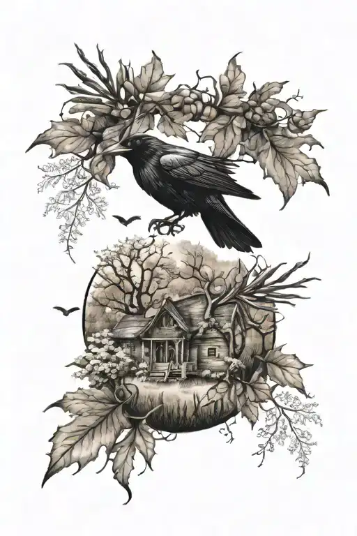 Fall Leaves And Trees With Raven Flying