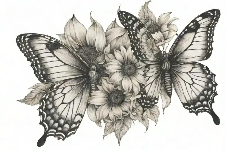 January Birth Flower Intertwined With May Birth Flower And A Sunflower With A Butterfly