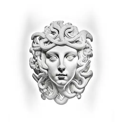 Sicilian Medusa Head Carved Into Skin As If It Were Stone Circle Border