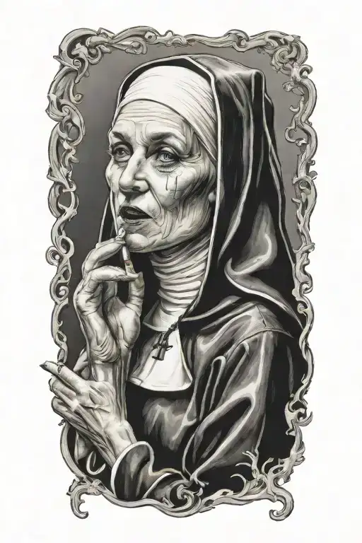 The Face Of A Sexy Nun With Cigarete In Lightnin