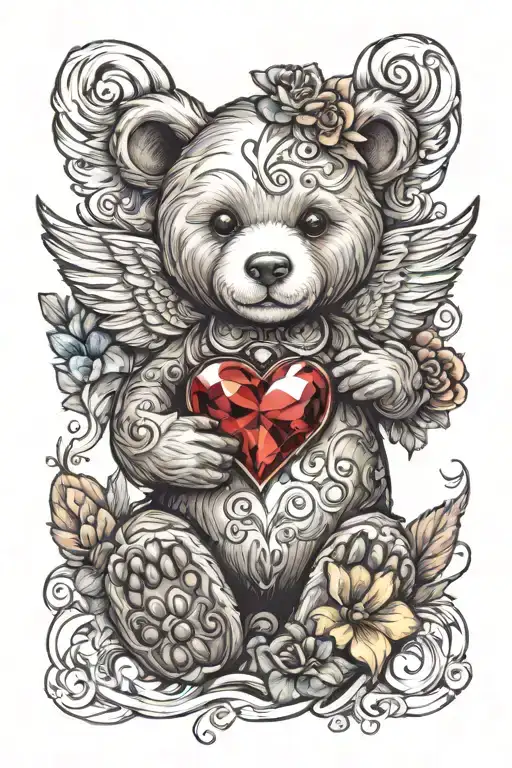 Create A Colourful Tattoo Design Of A Teddy Bear With Angel Wings And A Heart Gem